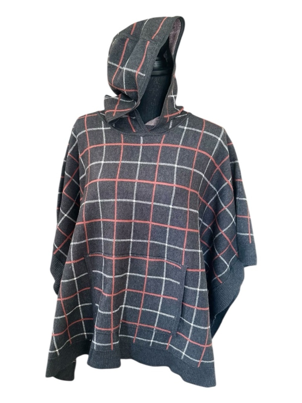 Tahari Charcoal Hooded Poncho with Red and White Windowpane